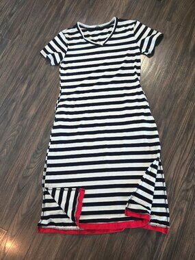 DOKOTOO Nautical Theme Blue & White Striped T-Shirt Dress w/ Pockets SIZE M